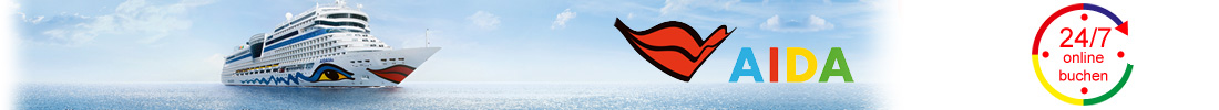 Werbebanner mit AIDA Kreuzfahrtschiff und '24/7 online buchen'.